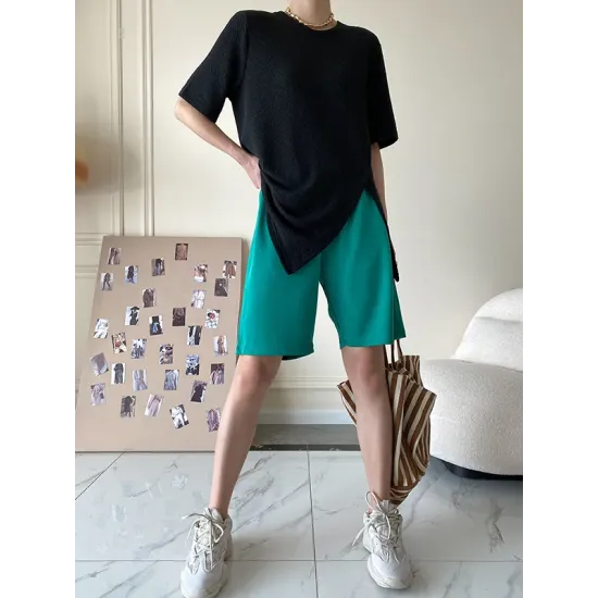 Asymmetric See-Through Solid Color Split-Front Half Sleeves Loose Round-Neck T-Shirts Asymmetric See-Through Solid Color Split-Front Half Sleeves Loose Round-Neck T-Shirts