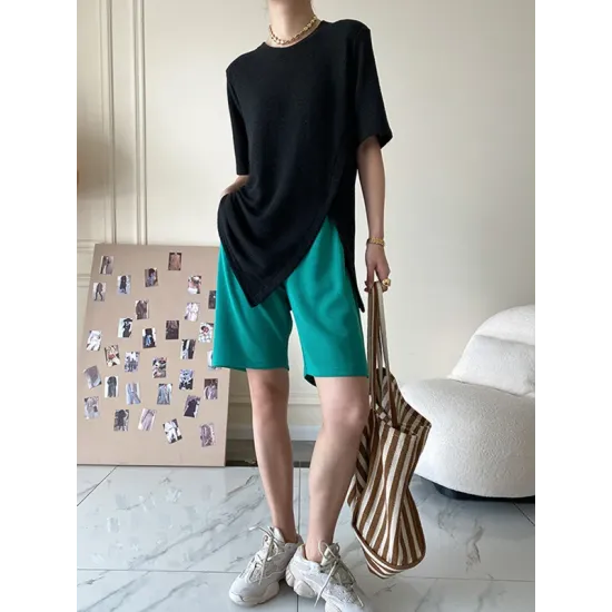 Asymmetric See-Through Solid Color Split-Front Half Sleeves Loose Round-Neck T-Shirts Asymmetric See-Through Solid Color Split-Front Half Sleeves Loose Round-Neck T-Shirts