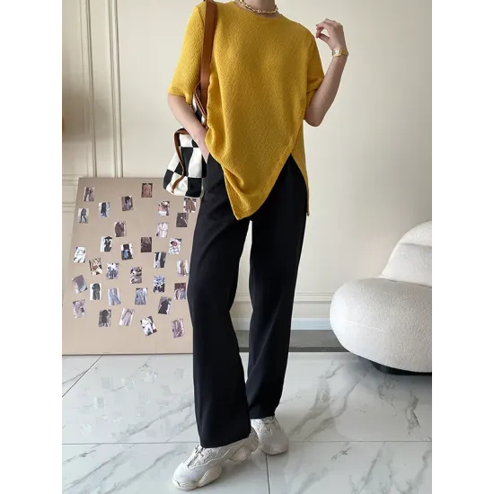 Asymmetric See-Through Solid Color Split-Front Half Sleeves Loose Round-Neck T-Shirts Asymmetric See-Through Solid Color Split-Front Half Sleeves Loose Round-Neck T-Shirts