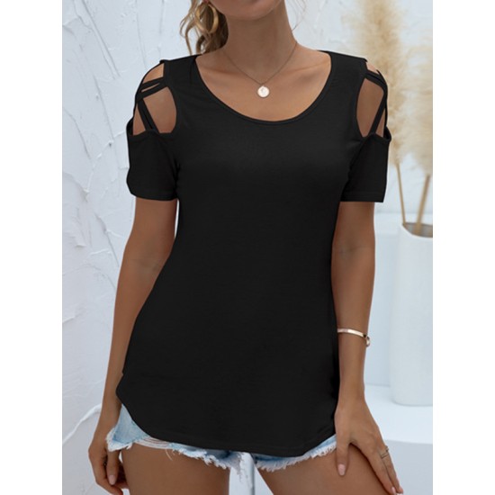 Hollow Solid Color Loose Short Sleeves Round-Neck T-Shirts Tops Hollow Solid Color Loose Short Sleeves Round-Neck T-Shirts Tops