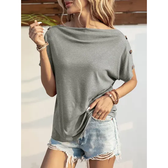 Solid Color Short Sleeves Boat Neck T-Shirts Tops Solid Color Short Sleeves Boat Neck T-Shirts Tops