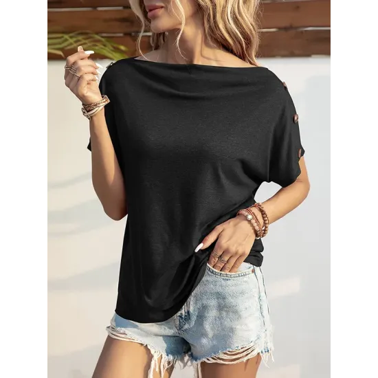 Solid Color Short Sleeves Boat Neck T-Shirts Tops Solid Color Short Sleeves Boat Neck T-Shirts Tops