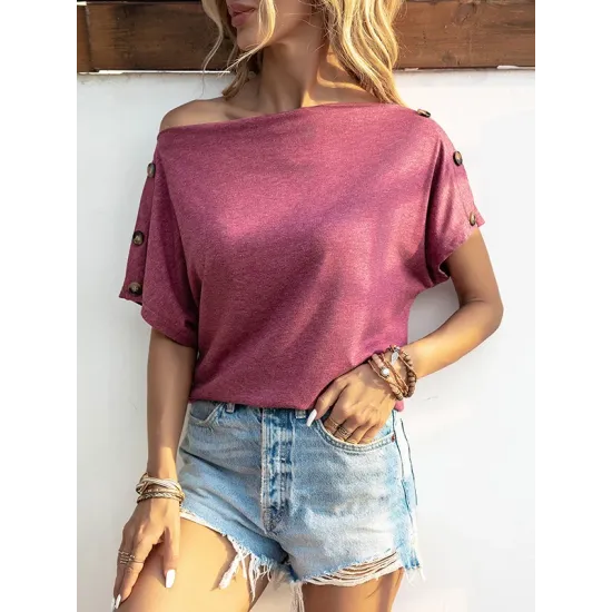 Solid Color Short Sleeves Boat Neck T-Shirts Tops Solid Color Short Sleeves Boat Neck T-Shirts Tops