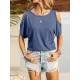 Hollow Solid Color Loose Short Sleeves Cold Shoulder T-Shirts Tops Hollow Solid Color Loose Short Sleeves Cold Shoulder T-Shirts Tops