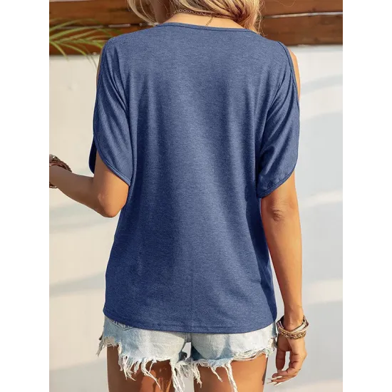 Hollow Solid Color Loose Short Sleeves Cold Shoulder T-Shirts Tops Hollow Solid Color Loose Short Sleeves Cold Shoulder T-Shirts Tops
