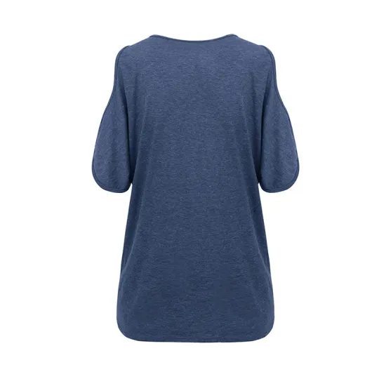 Hollow Solid Color Loose Short Sleeves Cold Shoulder T-Shirts Tops Hollow Solid Color Loose Short Sleeves Cold Shoulder T-Shirts Tops