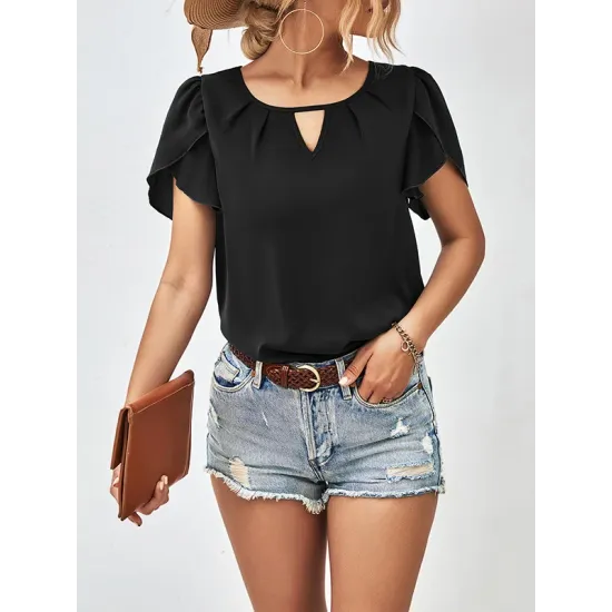 Hollow Solid Color Loose Short Sleeves Round-Neck T-Shirts Tops Hollow Solid Color Loose Short Sleeves Round-Neck T-Shirts Tops