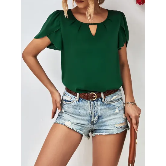Hollow Solid Color Loose Short Sleeves Round-Neck T-Shirts Tops Hollow Solid Color Loose Short Sleeves Round-Neck T-Shirts Tops