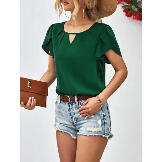 Hollow Solid Color Loose Short Sleeves Round-Neck T-Shirts Tops Hollow Solid Color Loose Short Sleeves Round-Neck T-Shirts Tops