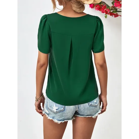 Hollow Solid Color Loose Short Sleeves Round-Neck T-Shirts Tops Hollow Solid Color Loose Short Sleeves Round-Neck T-Shirts Tops