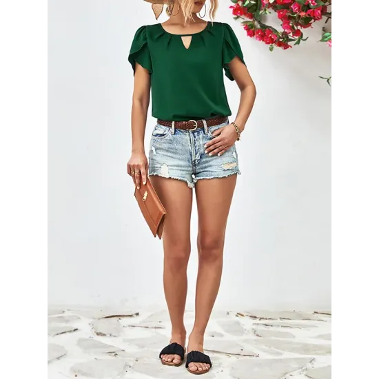 Hollow Solid Color Loose Short Sleeves Round-Neck T-Shirts Tops Hollow Solid Color Loose Short Sleeves Round-Neck T-Shirts Tops