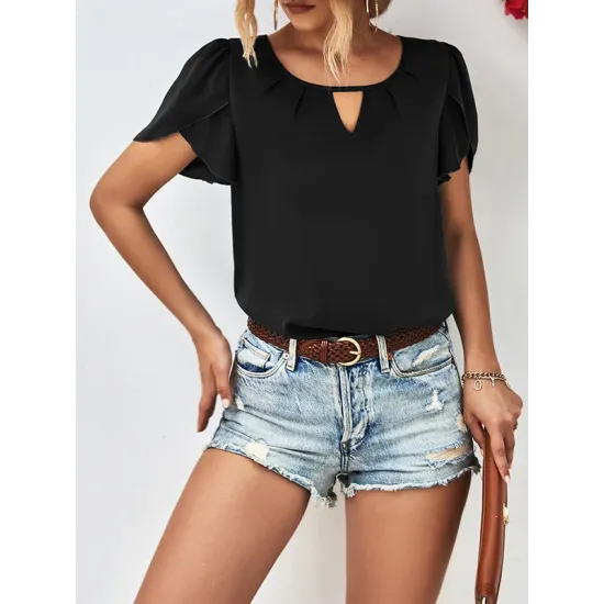 Hollow Solid Color Loose Short Sleeves Round-Neck T-Shirts Tops Hollow Solid Color Loose Short Sleeves Round-Neck T-Shirts Tops