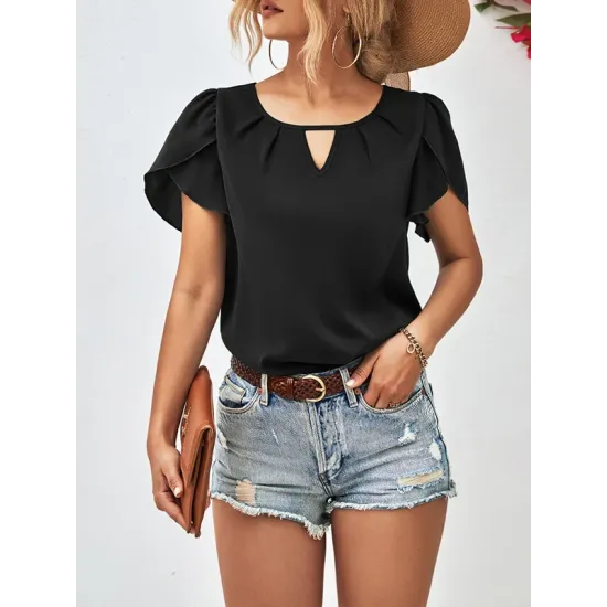 Hollow Solid Color Loose Short Sleeves Round-Neck T-Shirts Tops Hollow Solid Color Loose Short Sleeves Round-Neck T-Shirts Tops