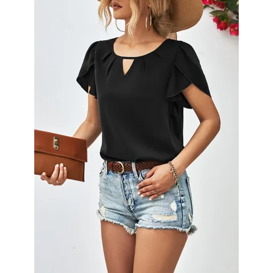 Hollow Solid Color Loose Short Sleeves Round-Neck T-Shirts Tops Hollow Solid Color Loose Short Sleeves Round-Neck T-Shirts Tops