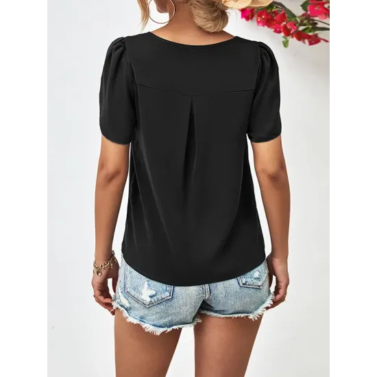 Hollow Solid Color Loose Short Sleeves Round-Neck T-Shirts Tops Hollow Solid Color Loose Short Sleeves Round-Neck T-Shirts Tops