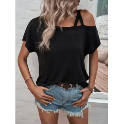 Asymmetric Solid Color Loose Short Sleeves Cold Shoulder T-Shirts