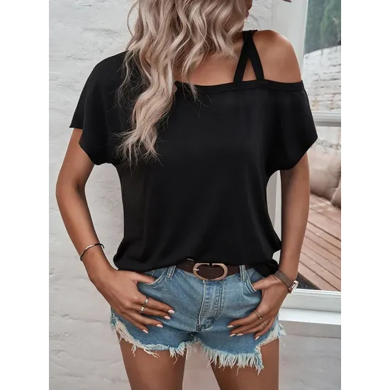 Asymmetric Solid Color Loose Short Sleeves Cold Shoulder T-Shirts Asymmetric Solid Color Loose Short Sleeves Cold Shoulder T-Shirts