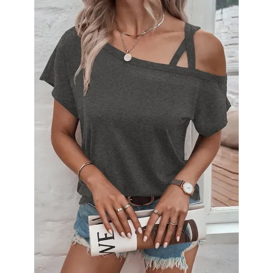 Asymmetric Solid Color Loose Short Sleeves Cold Shoulder T-Shirts Asymmetric Solid Color Loose Short Sleeves Cold Shoulder T-Shirts