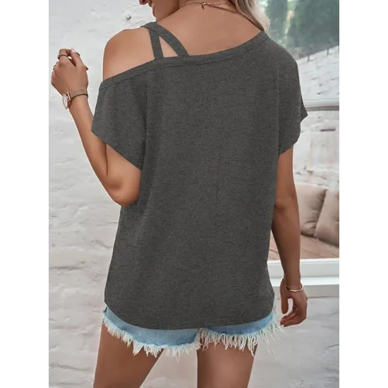 Asymmetric Solid Color Loose Short Sleeves Cold Shoulder T-Shirts Asymmetric Solid Color Loose Short Sleeves Cold Shoulder T-Shirts