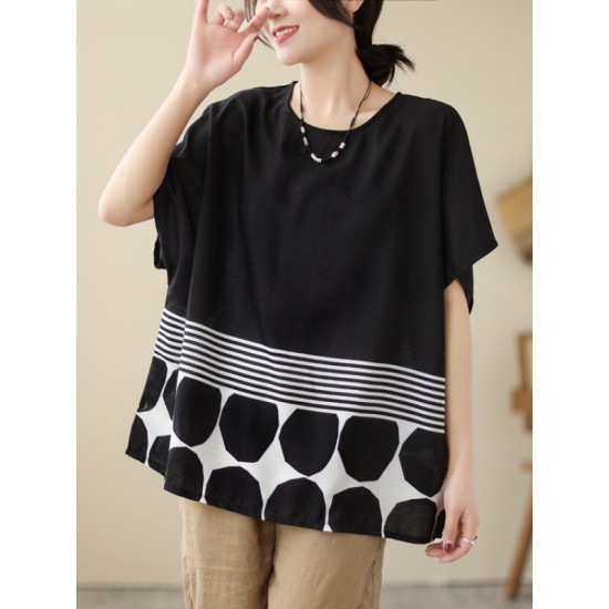Polka Dot Split-Joint Striped Loose Short Sleeves Round-Neck T-Shirts Tops Polka Dot Split-Joint Striped Loose Short Sleeves Round-Neck T-Shirts Tops