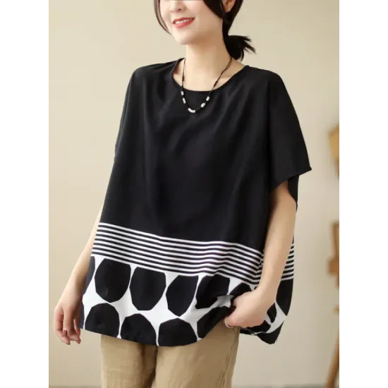 Polka Dot Split-Joint Striped Loose Short Sleeves Round-Neck T-Shirts Tops Polka Dot Split-Joint Striped Loose Short Sleeves Round-Neck T-Shirts Tops