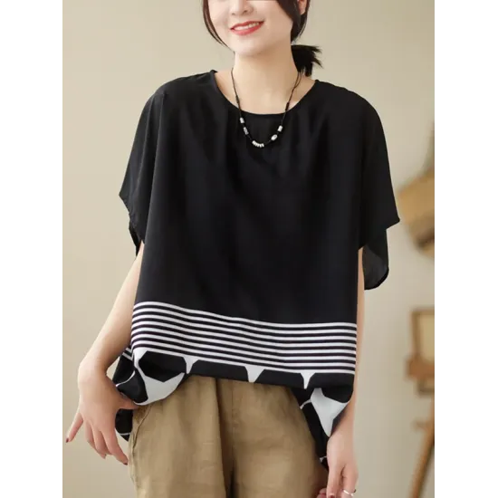 Polka Dot Split-Joint Striped Loose Short Sleeves Round-Neck T-Shirts Tops Polka Dot Split-Joint Striped Loose Short Sleeves Round-Neck T-Shirts Tops