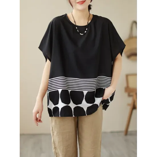 Polka Dot Split-Joint Striped Loose Short Sleeves Round-Neck T-Shirts Tops Polka Dot Split-Joint Striped Loose Short Sleeves Round-Neck T-Shirts Tops