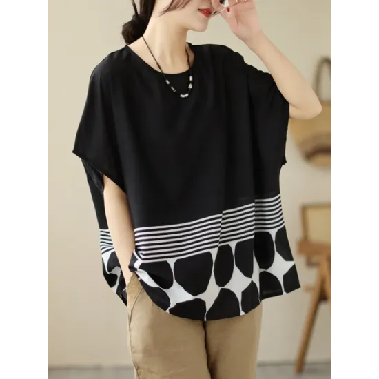 Polka Dot Split-Joint Striped Loose Short Sleeves Round-Neck T-Shirts Tops Polka Dot Split-Joint Striped Loose Short Sleeves Round-Neck T-Shirts Tops