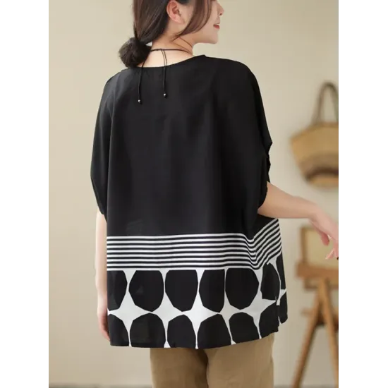 Polka Dot Split-Joint Striped Loose Short Sleeves Round-Neck T-Shirts Tops Polka Dot Split-Joint Striped Loose Short Sleeves Round-Neck T-Shirts Tops