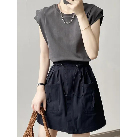 Split-Joint Loose Sleeveless Round-neck T-Shirts Tops Split-Joint Loose Sleeveless Round-neck T-Shirts Tops