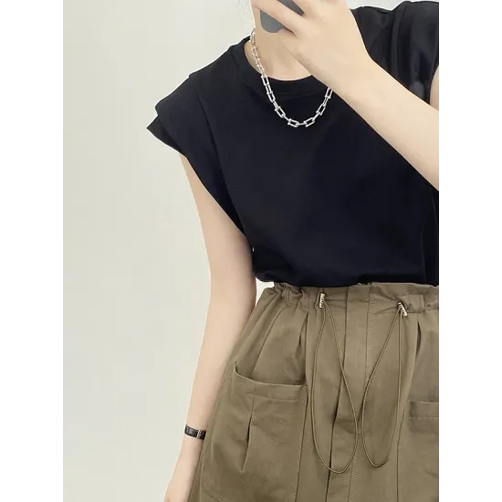 Split-Joint Loose Sleeveless Round-neck T-Shirts Tops Split-Joint Loose Sleeveless Round-neck T-Shirts Tops