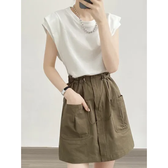 Split-Joint Loose Sleeveless Round-neck T-Shirts Tops Split-Joint Loose Sleeveless Round-neck T-Shirts Tops