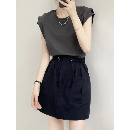 Split-Joint Loose Sleeveless Round-neck T-Shirts Tops Split-Joint Loose Sleeveless Round-neck T-Shirts Tops