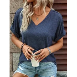 Buttoned Solid Color Loose Short Sleeves V-neck T-Shirts Tops