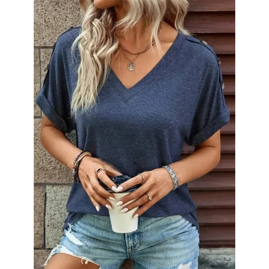 Buttoned Solid Color Loose Short Sleeves V-neck T-Shirts Tops Buttoned Solid Color Loose Short Sleeves V-neck T-Shirts Tops