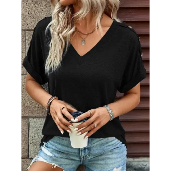 Buttoned Solid Color Loose Short Sleeves V-neck T-Shirts Tops Buttoned Solid Color Loose Short Sleeves V-neck T-Shirts Tops