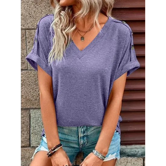 Buttoned Solid Color Loose Short Sleeves V-neck T-Shirts Tops Buttoned Solid Color Loose Short Sleeves V-neck T-Shirts Tops