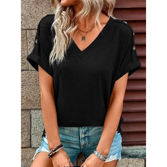 Buttoned Solid Color Loose Short Sleeves V-neck T-Shirts Tops Buttoned Solid Color Loose Short Sleeves V-neck T-Shirts Tops