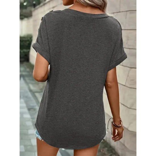 Buttoned Solid Color Loose Short Sleeves V-neck T-Shirts Tops Buttoned Solid Color Loose Short Sleeves V-neck T-Shirts Tops