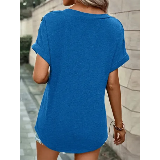 Buttoned Solid Color Loose Short Sleeves V-neck T-Shirts Tops Buttoned Solid Color Loose Short Sleeves V-neck T-Shirts Tops