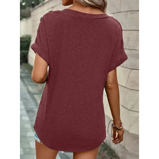 Buttoned Solid Color Loose Short Sleeves V-neck T-Shirts Tops Buttoned Solid Color Loose Short Sleeves V-neck T-Shirts Tops