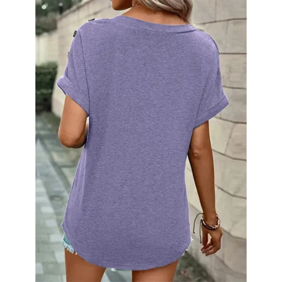 Buttoned Solid Color Loose Short Sleeves V-neck T-Shirts Tops Buttoned Solid Color Loose Short Sleeves V-neck T-Shirts Tops