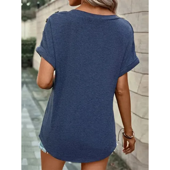 Buttoned Solid Color Loose Short Sleeves V-neck T-Shirts Tops Buttoned Solid Color Loose Short Sleeves V-neck T-Shirts Tops