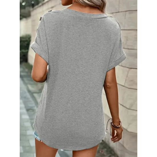 Buttoned Solid Color Loose Short Sleeves V-neck T-Shirts Tops Buttoned Solid Color Loose Short Sleeves V-neck T-Shirts Tops