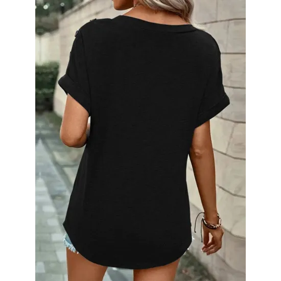 Buttoned Solid Color Loose Short Sleeves V-neck T-Shirts Tops Buttoned Solid Color Loose Short Sleeves V-neck T-Shirts Tops