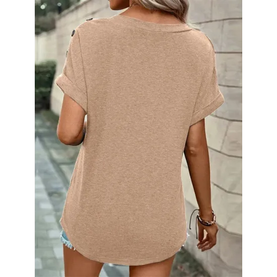 Buttoned Solid Color Loose Short Sleeves V-neck T-Shirts Tops Buttoned Solid Color Loose Short Sleeves V-neck T-Shirts Tops