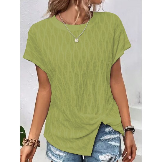 Jacquard Solid Color Split-Front Batwing Sleeves Loose Round-Neck T-Shirts Tops Jacquard Solid Color Split-Front Batwing Sleeves Loose Round-Neck T-Shirts Tops