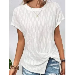 Jacquard Solid Color Split-Front Batwing Sleeves Loose Round-Neck T-Shirts Tops