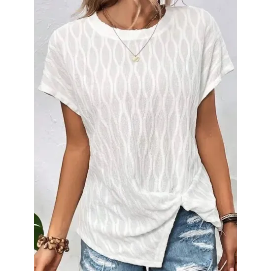 Jacquard Solid Color Split-Front Batwing Sleeves Loose Round-Neck T-Shirts Tops Jacquard Solid Color Split-Front Batwing Sleeves Loose Round-Neck T-Shirts Tops