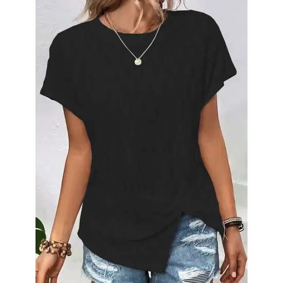Jacquard Solid Color Split-Front Batwing Sleeves Loose Round-Neck T-Shirts Tops Jacquard Solid Color Split-Front Batwing Sleeves Loose Round-Neck T-Shirts Tops